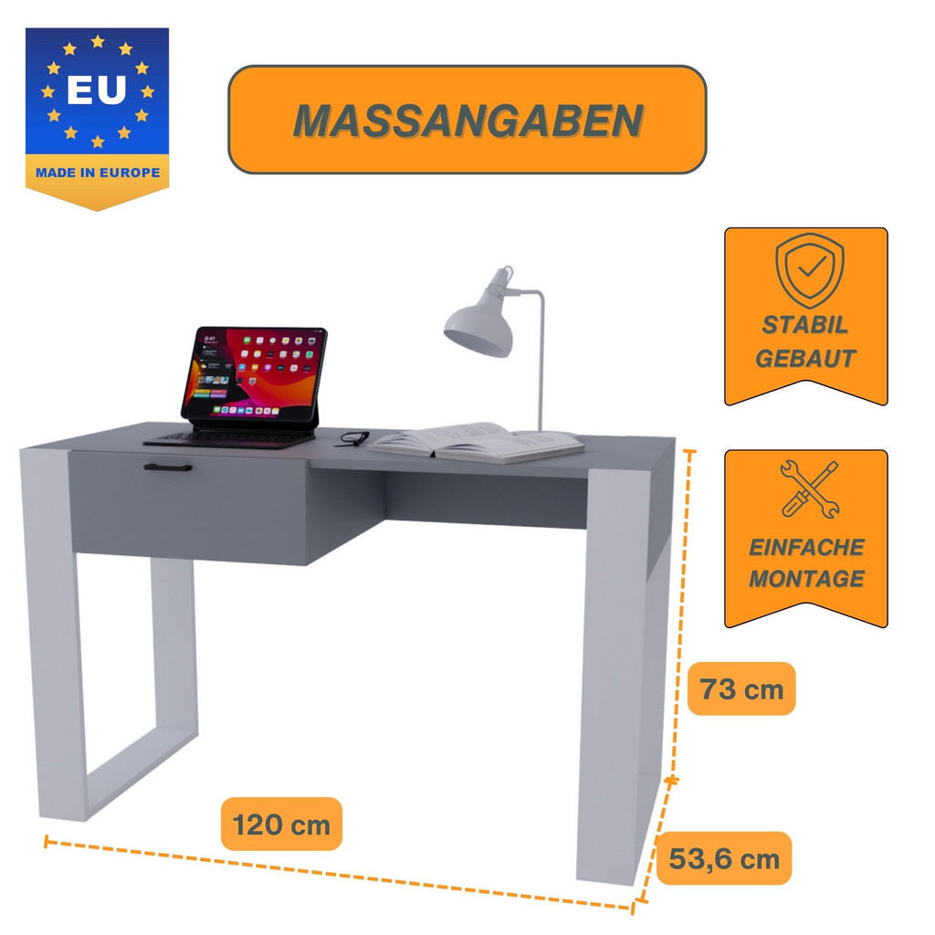Thumbnail - CraftPAK Schreibtisch, Dunkelgrau, Weiß, Holzwerkstoff, Rechteckig, 120x73x53.6 cm, Arbeitszimmer, Schreibtische, Büroti...
