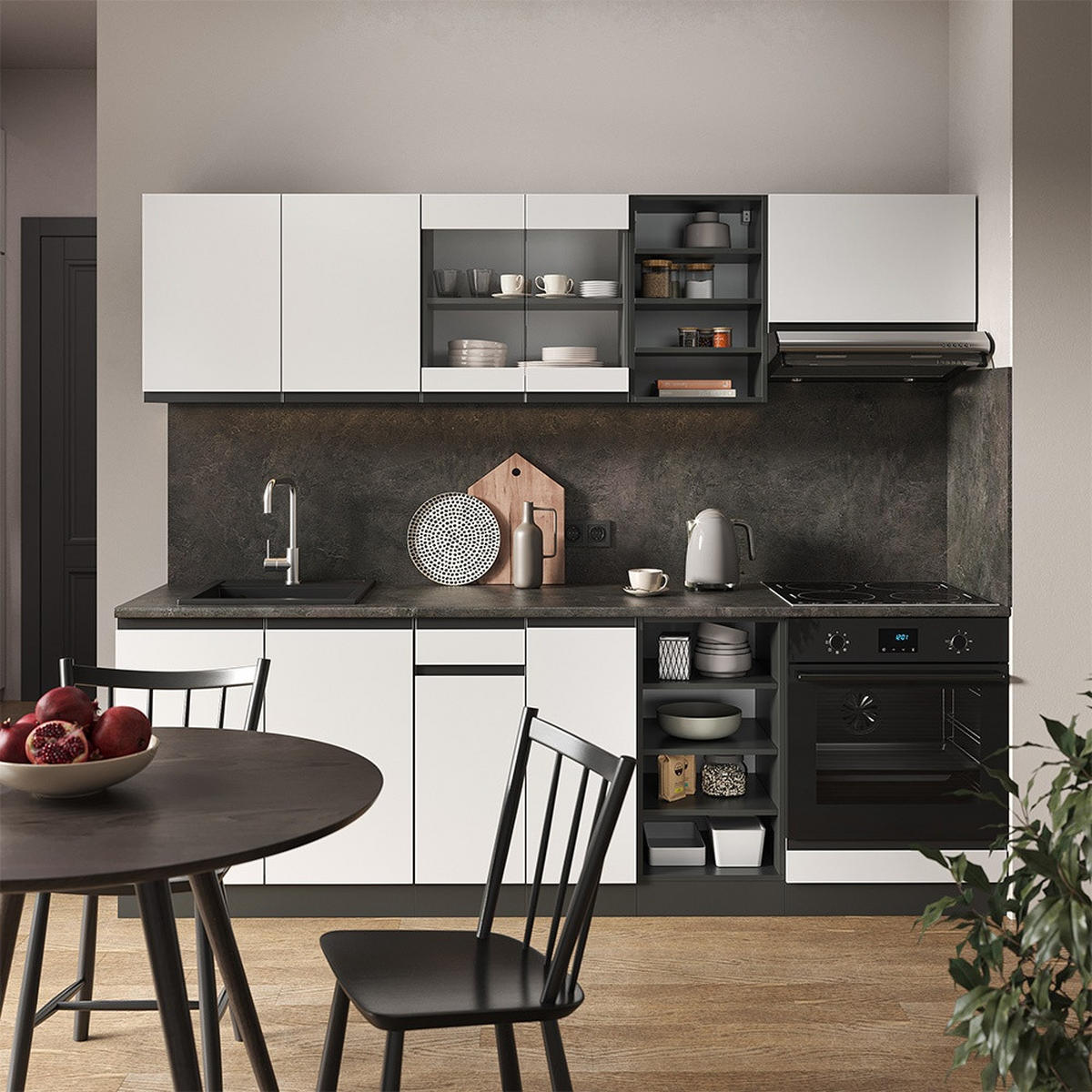 KÜCHENZEILE R-Line Weiß/Anthrazit 240 cm J-Shape, AP Eiche - Anthrazit/Weiß, Holzwerkstoff (240/81.6/60cm) - Vicco