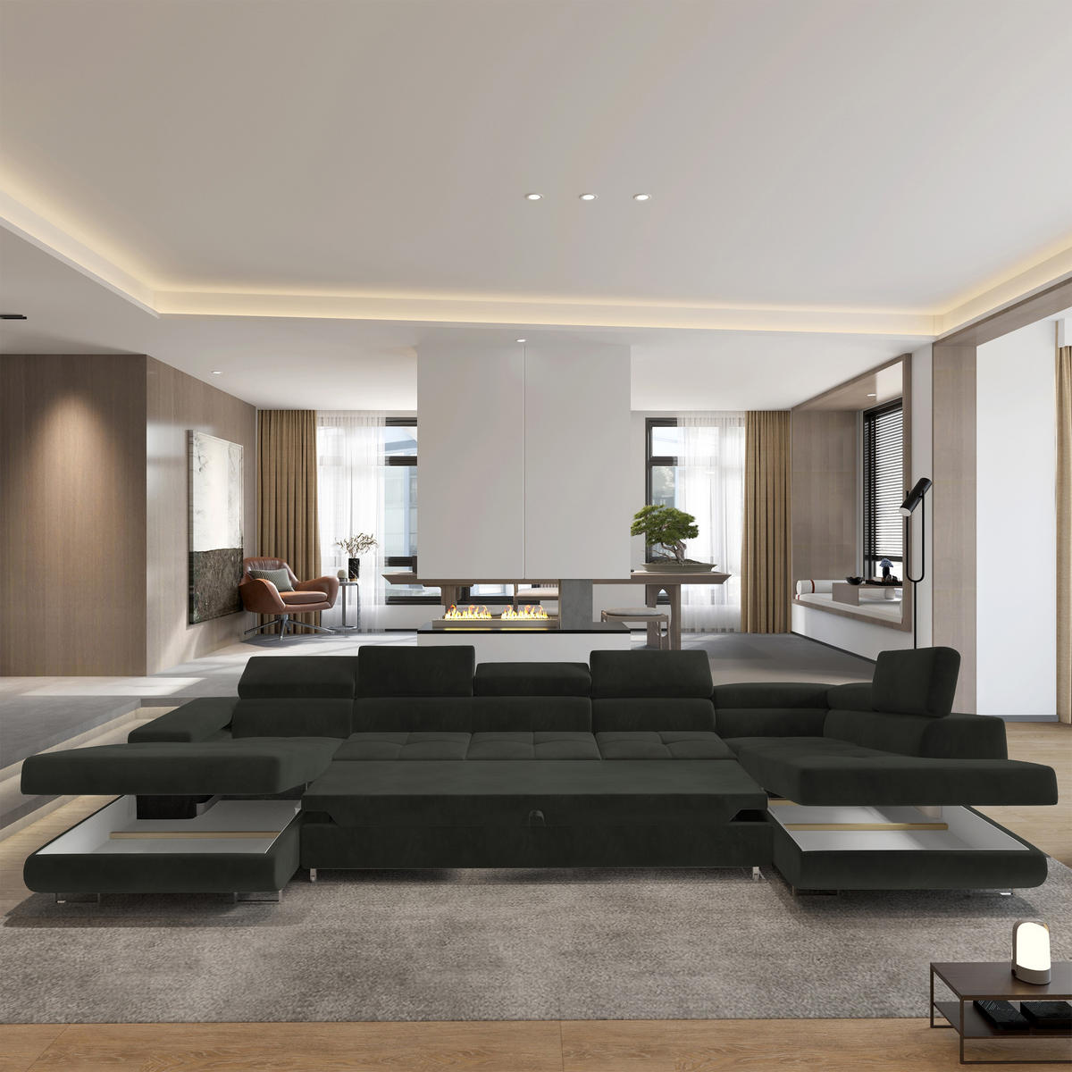 WOHNLANDSCHAFT TORIVA R-S Schwarz Velours-Stoff mit Schlaffunktion - Schwarz, Holz (418/90/202cm) - MASSENO