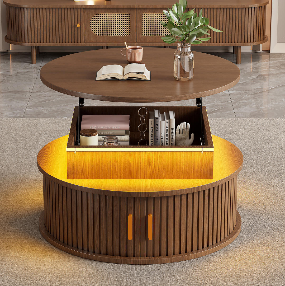 COUCHTISCH 75/75/52 cm aus MDF, höhenverstellbar mit LED-Beleuchtung, Rollladentüren und Stauraum, Walnussfarben - Nussbaumfarben, Holzwerkstoff (75/75/52cm) - Redom