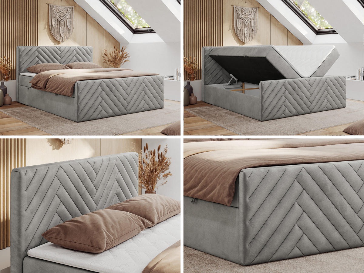 BOXBETT PARIS DUO 140/200 - Hellgrau Velvet - H3 - Hellgrau, Holz/Textil (140/200cm) - MKS