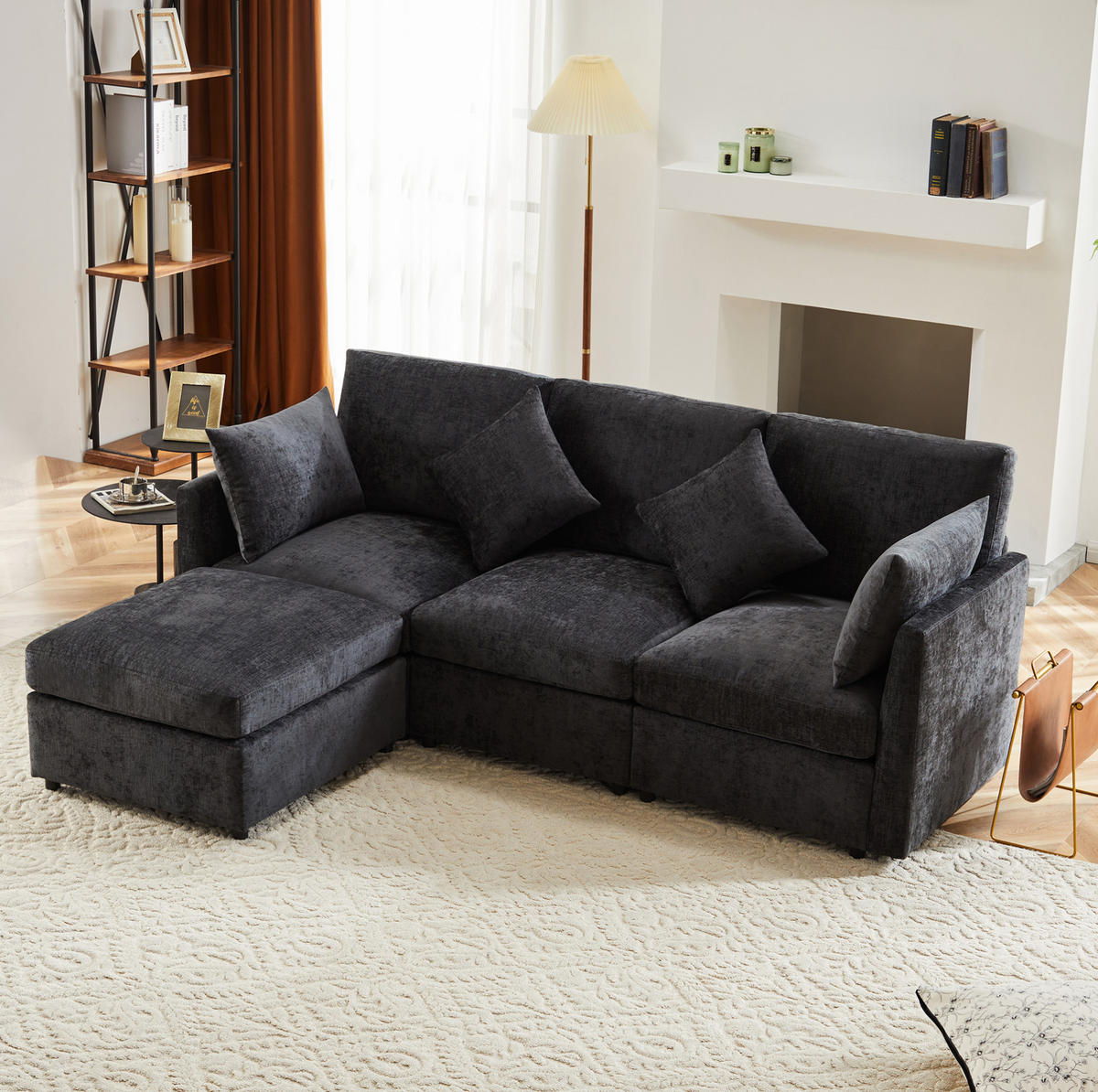 ECKSOFA 216/161/81 cm grau aus Chenille modular mit Hocker - Grau, Textil (161/216cm) - OKWISH
