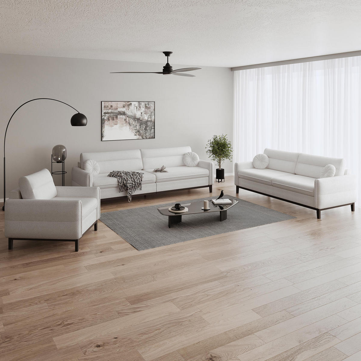 SITZGARNITUR Belweder, zwei Sofas+Sessel, Hellbeige, Bouclé - Wengefarben/Beige, Holz/Textil (268/95/94cm) - Beautysofa