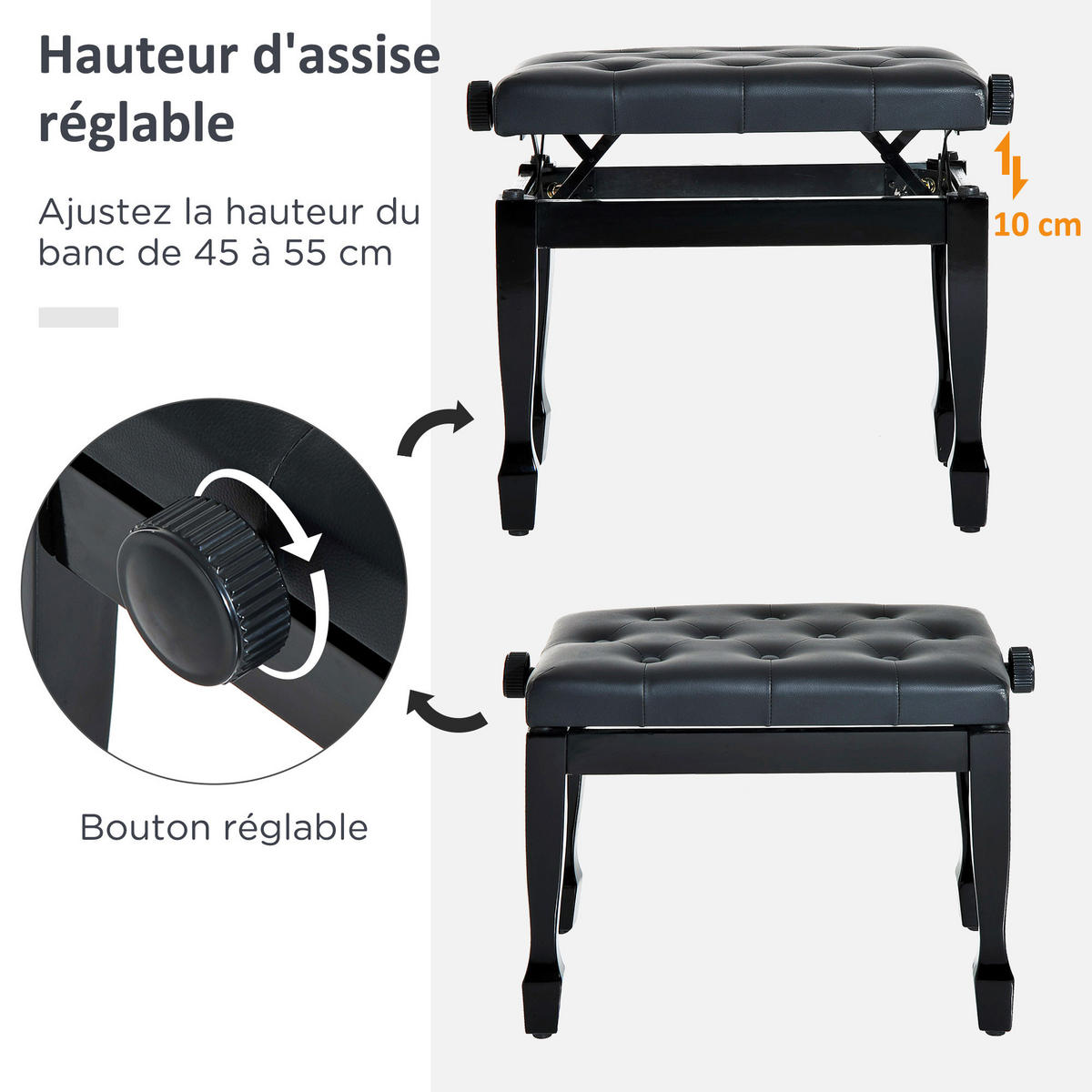 HOCKER DE-16361 höhenverstellbar mit Knopfpolster Schwarz - Schwarz, Holzwerkstoff (34/16.5/68cm) - ComfortXL