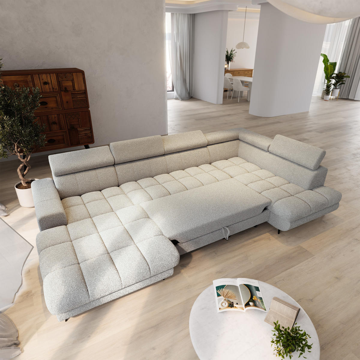 WOHNLANDSCHAFT CORENO Hellgrau Boucle-Stoff mit Schlaffunktion - Hellgrau, Holz (345/88/190cm) - MASSENO