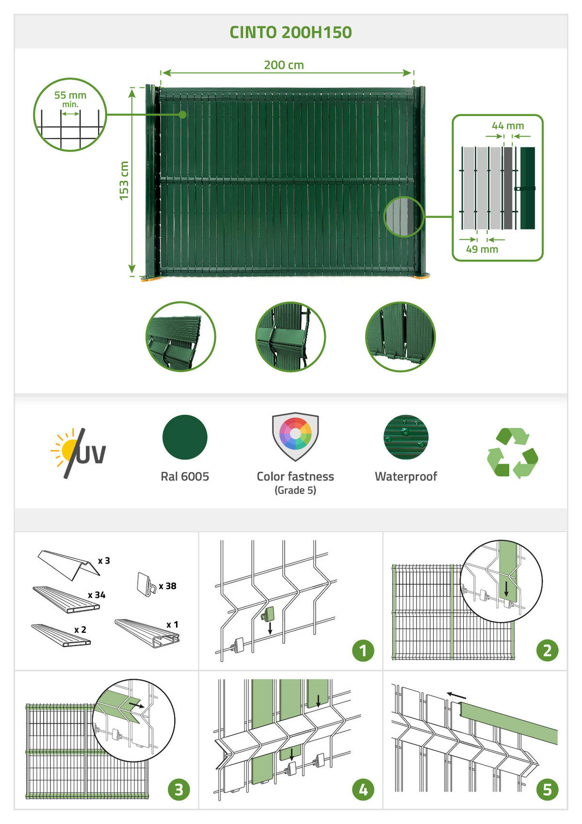 PVC-SICHTSCHUTZLAMELLEN-STEIF-SET Cinto grün 2m H.150cm - Mit clips und Endprofil - Grün, Kunststoff (200/153cm) - Casanoov