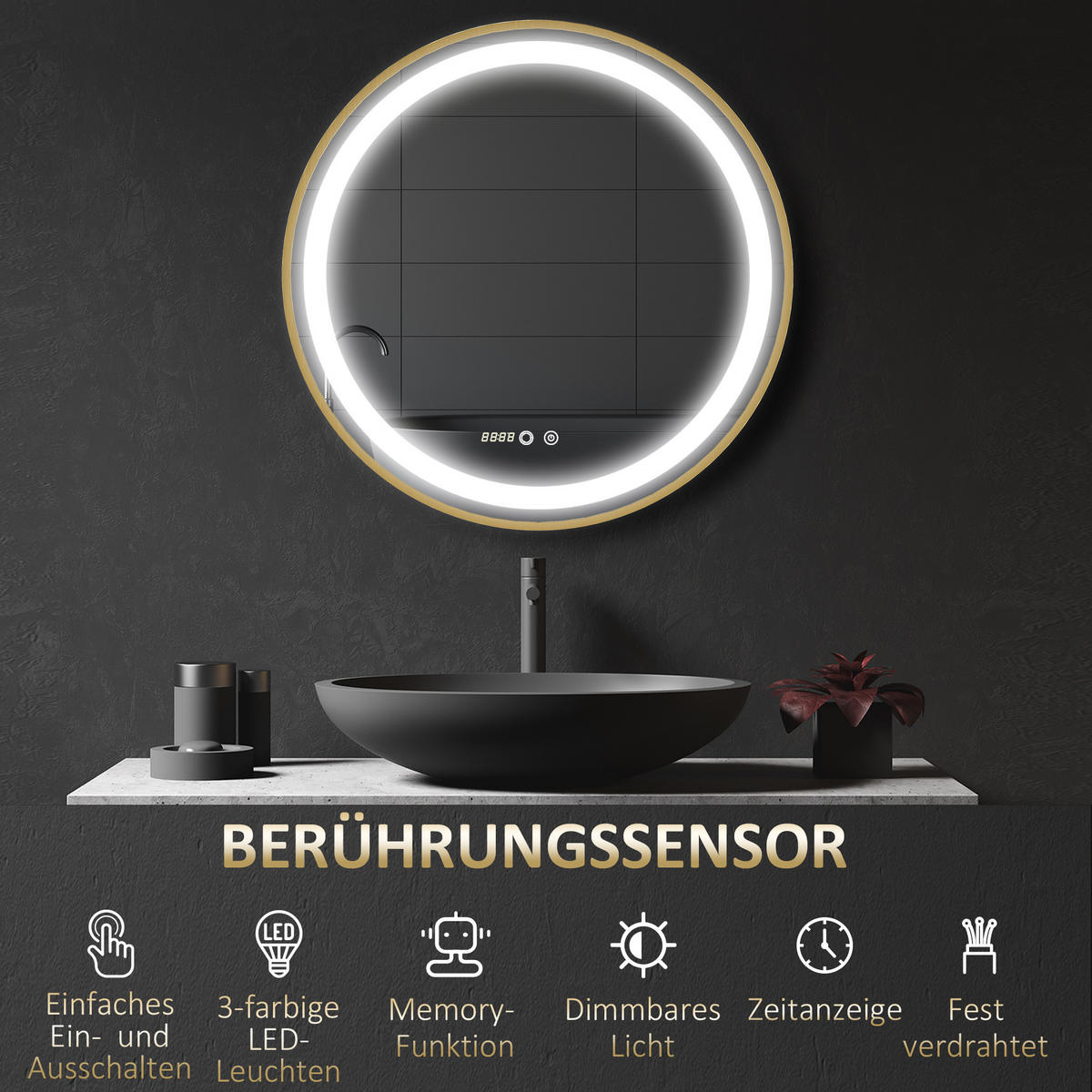 BADSPIEGEL, mit Memoryfunktion, Zeitanzeige, LED-Leuchte, IP44 - Goldfarben, Glas (4/60/60cm) - Kleankin