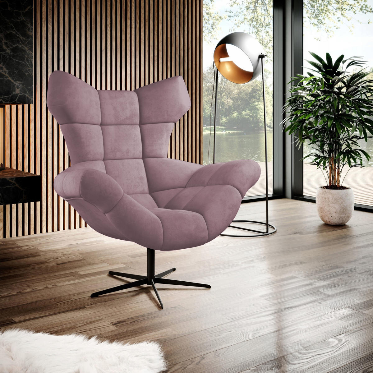 SESSEL SENSI Relaxstuhl mit 360° Drehung und Schwingfunktion – Lux-Schaumkissen, Puderrosa, 104x46x119 cm - Pink/Schwarz, Holz/Textil (104/119/84cm) - DomoHome
