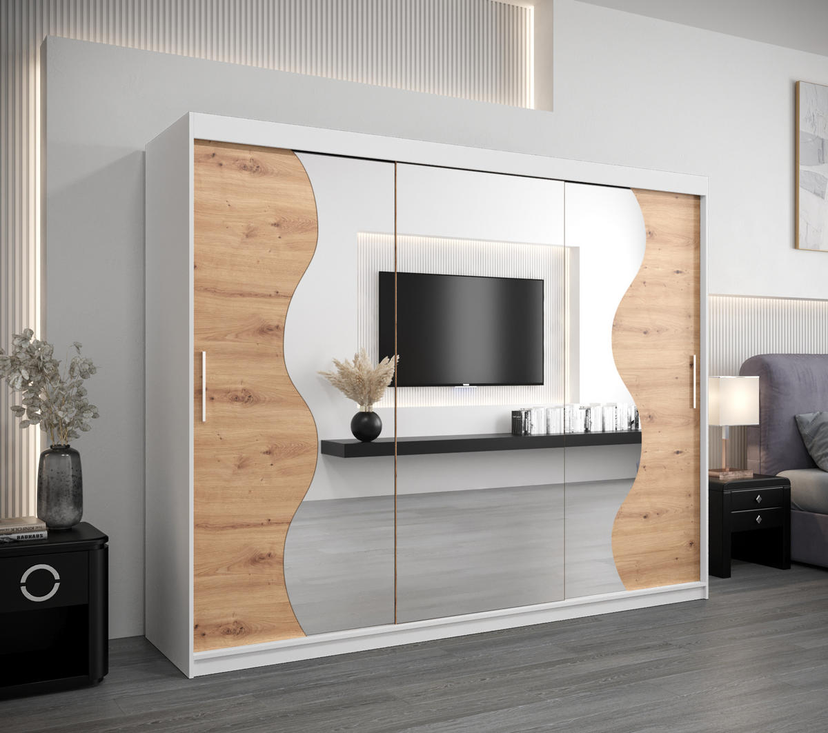 SCHWEBETÜRENSCHRANK 200/250/62 3-türig - Silberfarben/Eiche Artisan, Holz/Kunststoff (250/200/62cm) - MÖBEL KRYSPOL