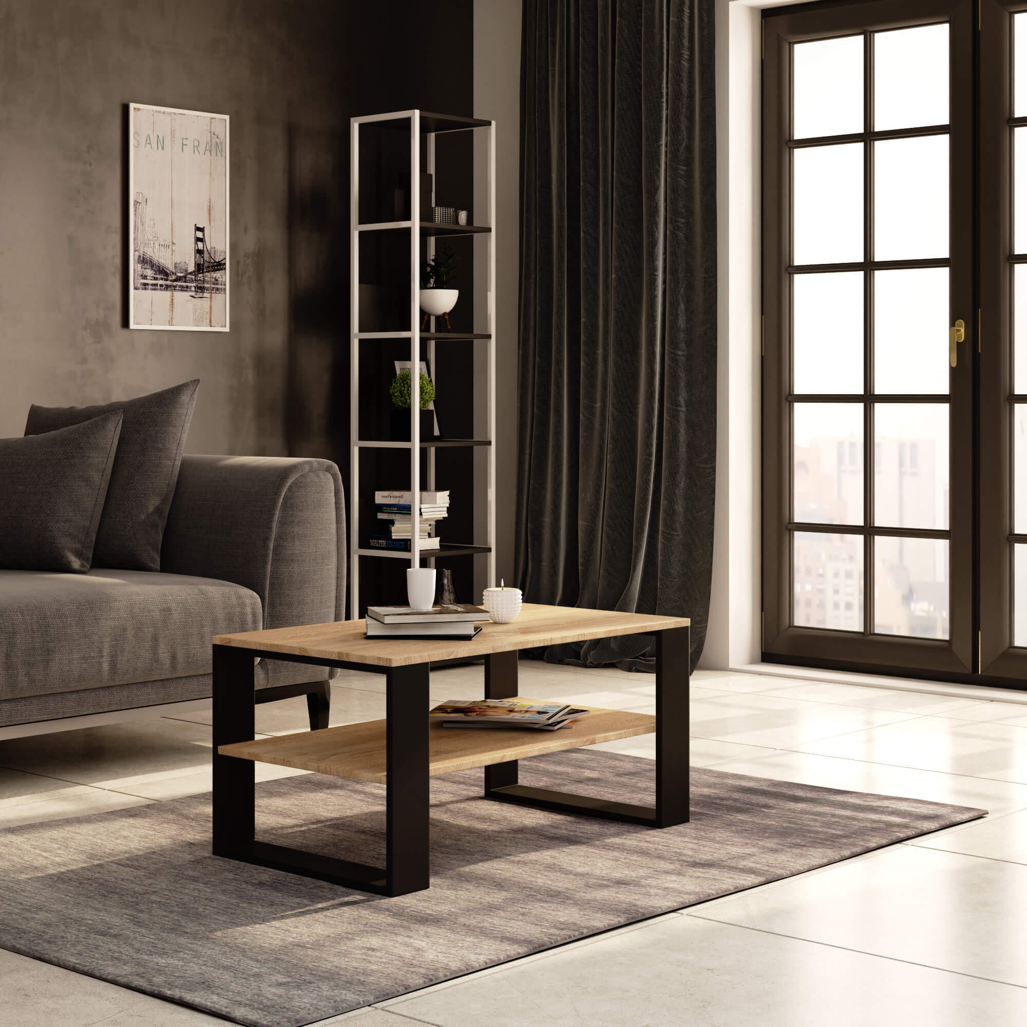 COUCHTISCH Rechteckig Sonoma Eiche - Schwarz 92/45/53 cm - Schwarz/Sonoma Eiche, Holzwerkstoff (53/92/45cm) - designimpex