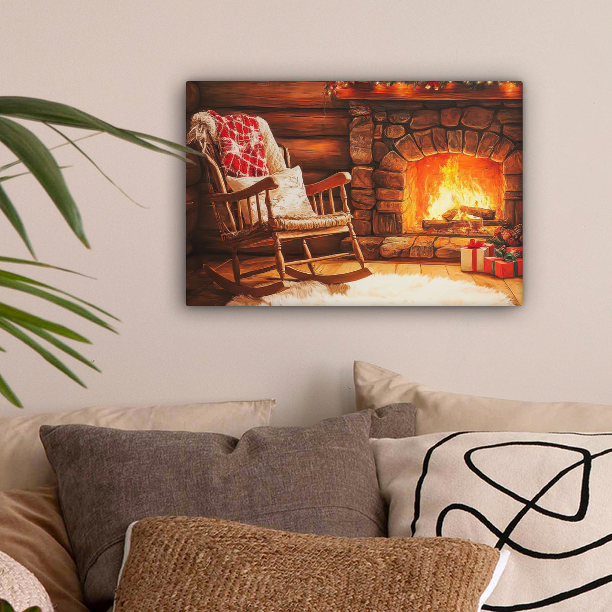 LEINWANDBILD Winter - Weihnachten - Zuhause - Kamin 30x20 cm - Bernsteinfarben, Textil (30/20cm) - MuchoWow