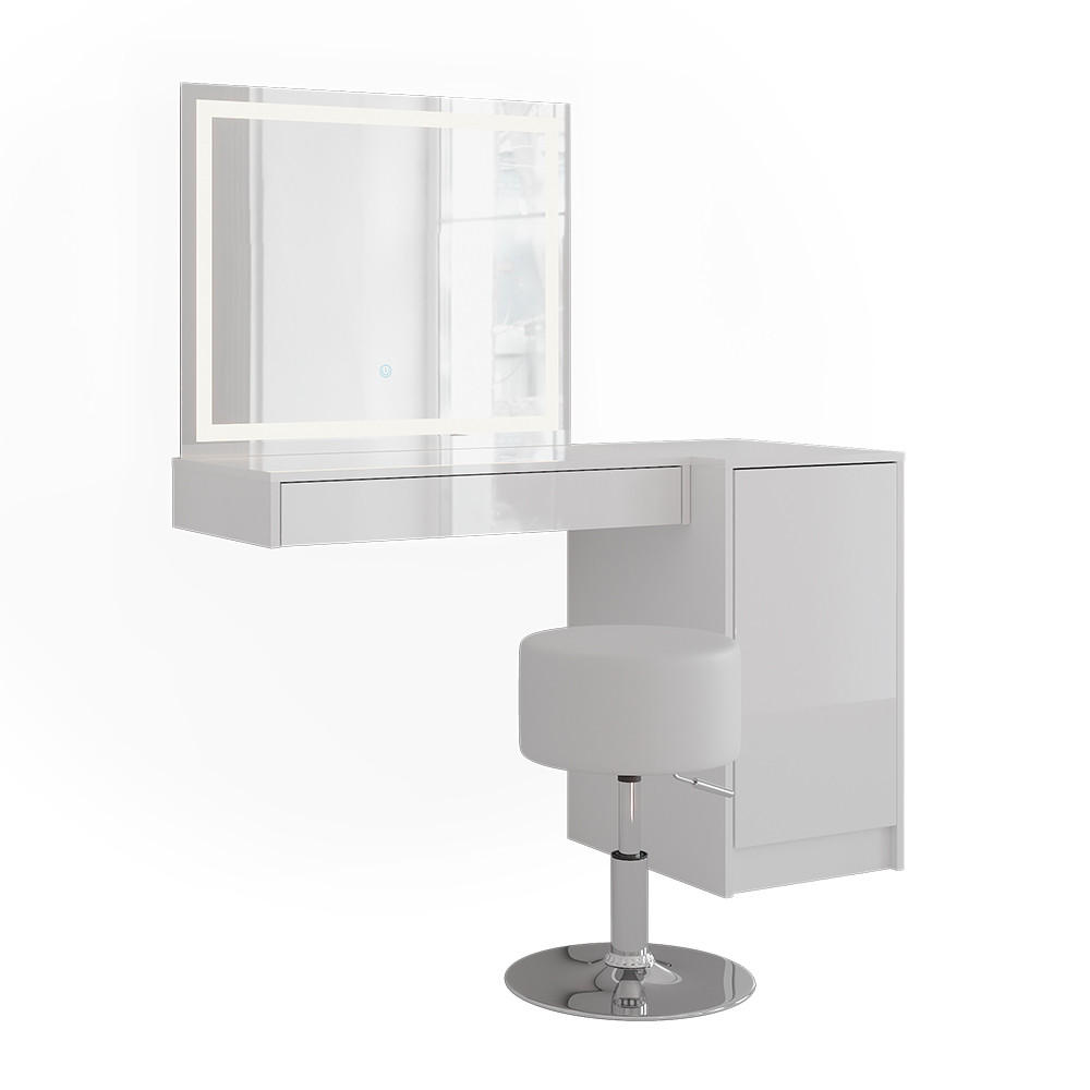 Vicco TOALETNÍ STOLEK Sherry, Bílá/Bílá vysoký lesk, 120.2 cm s LED zrcadlem, stoličkou a modulem s dvířky
