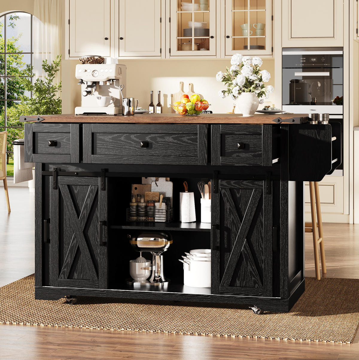 KÜCHENINSELWAGEN mit Arbeitsplatte 120,2 x 45,3/75 x 91,5 cm Schwarz - Schwarz, Holz (45.3/91.5/120.2cm) - Beauniv