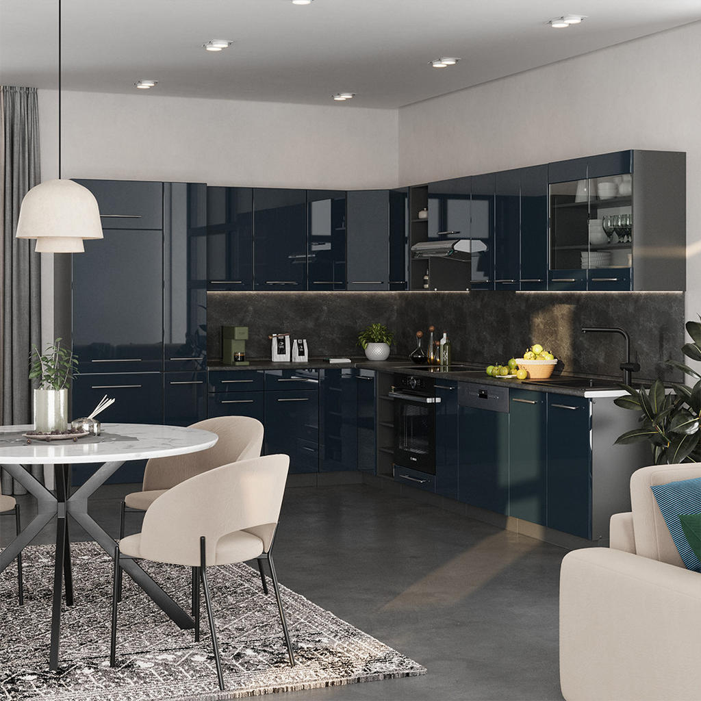 Thumbnail - Vicco Einbauküche, Dunkelblau, Anthrazit, Holzwerkstoff, L-Form,Formgebogen, 347x81.6x60 cm, Küchen, Eckküchen, Eckküche...