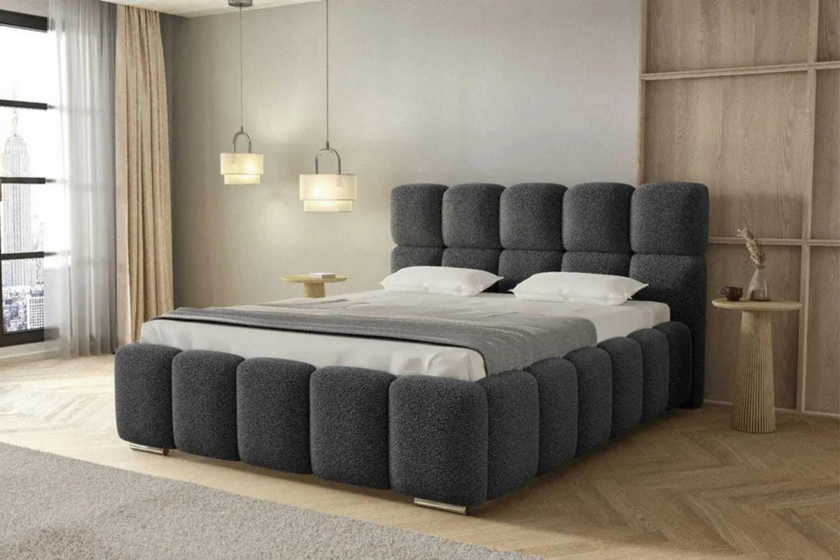 POLSTERBETT LUNA mit Kopfteil, 180 x 200 cm, Doppelbett mit Bettkasten und Lattenrost aus Metall, Boucle Stoff: Dunkelgrau - Dunkelgrau, Holz/Textil (180/200cm) - Agmat-Furniture