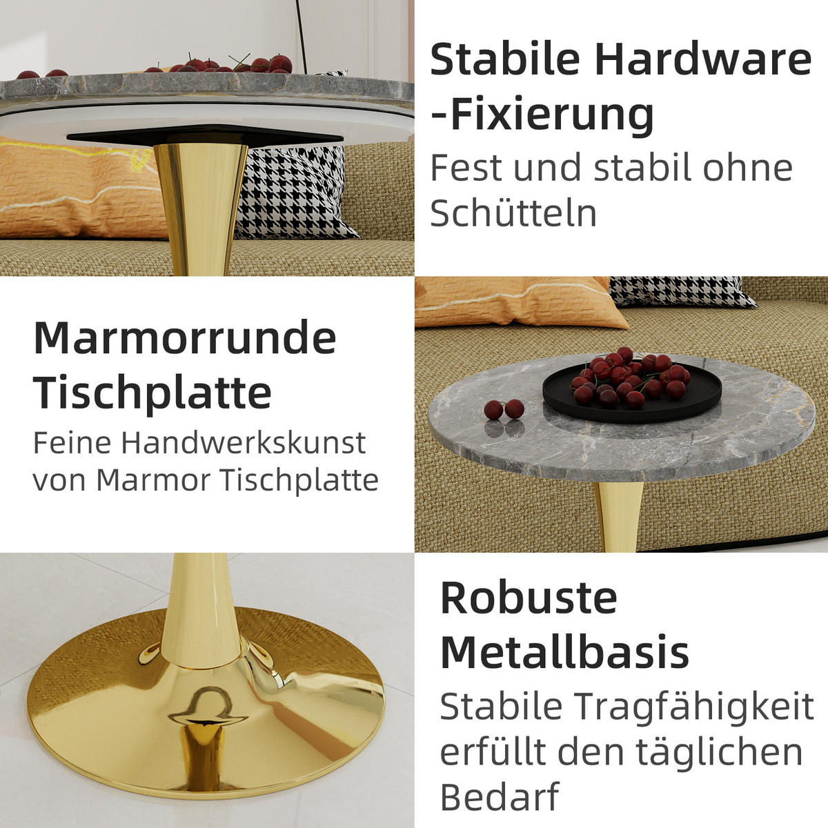 COUCHTISCH in Grau und Gold Wohnzimmertisch mit einer runden Marmor-Tischplatte für Wohnzimmer, B70/T70/H72 cm - Goldfarben, Stein/Metall (70/70/72cm) - STILVORA