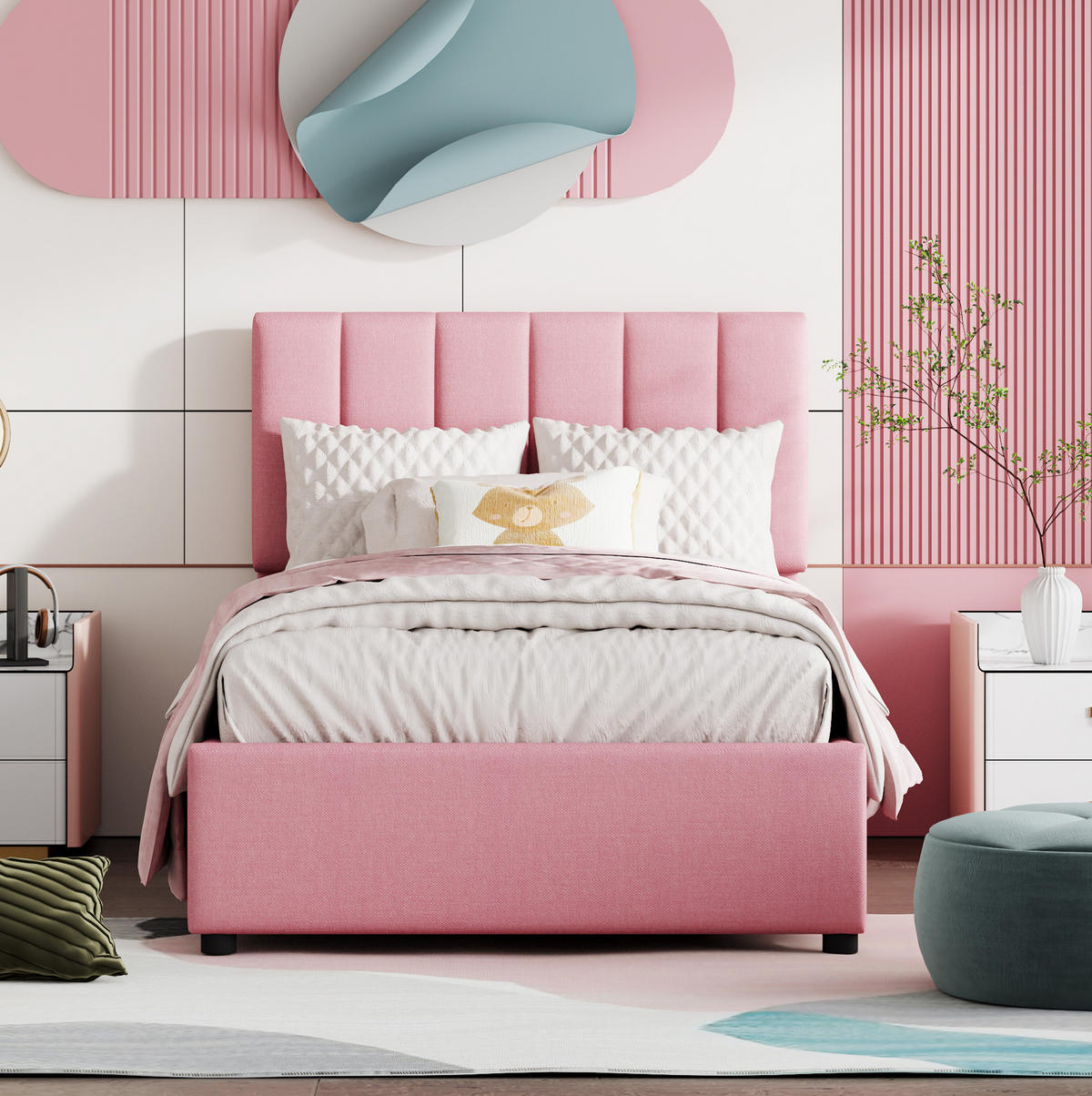 KINDERBETT Polsterbett 90/200 cm aus Leinenstoff mit hydraulischem Stauraum Rosa - Pink, Textil (90/200cm) - Modenvie