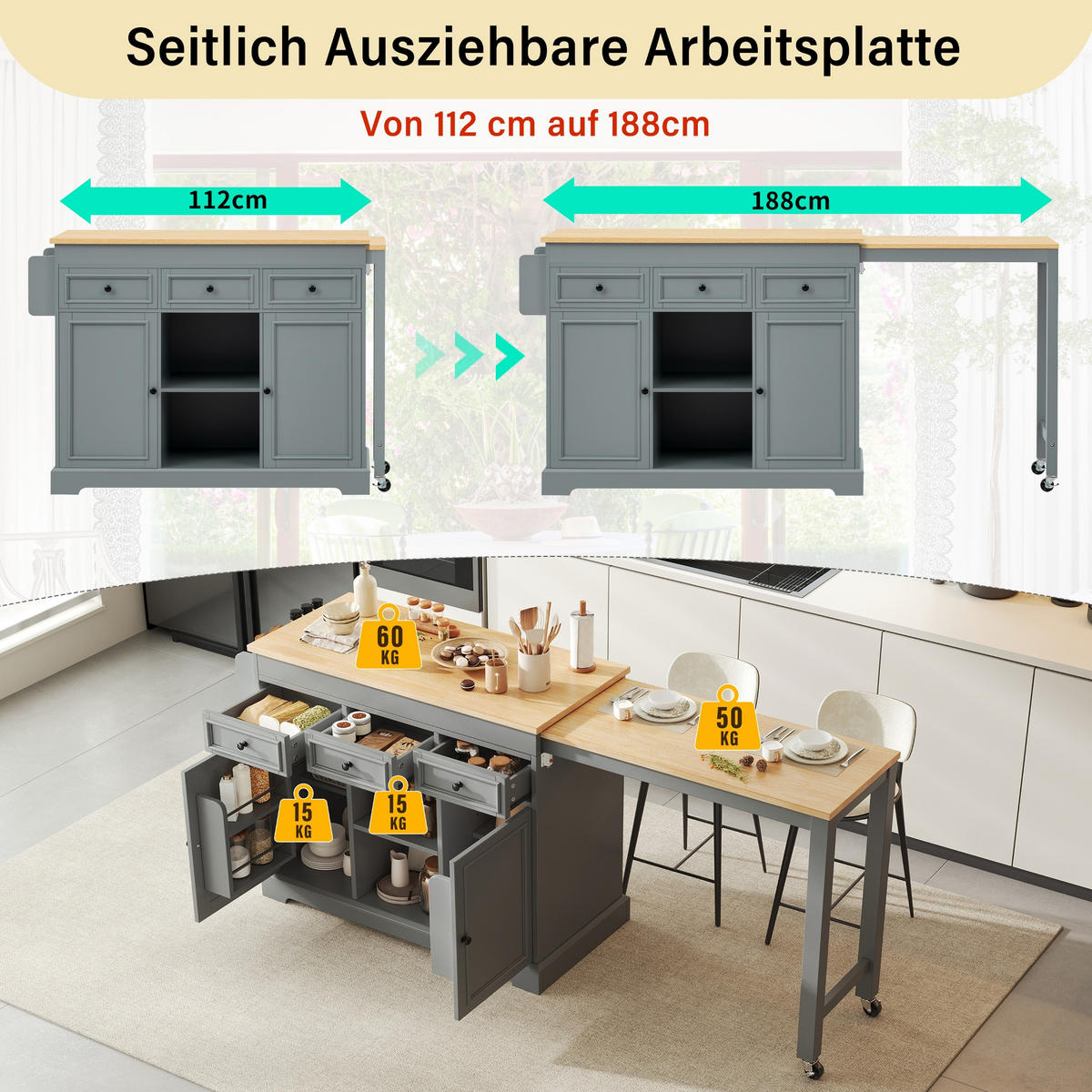 KÜCHENINSEL 112-188/45/92 cm Grau mit 3 Schubladen, Gewürzregal und Rollen - Grau, Holz (45/92/124.3cm) - Oxeza