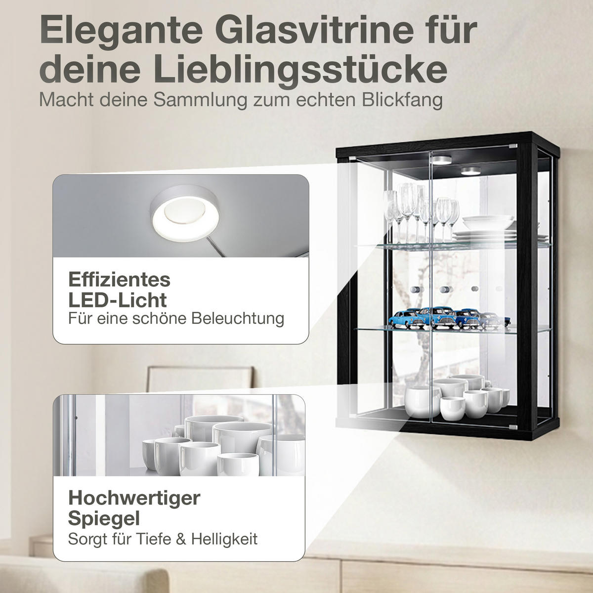 HÄNGEVITRINE 25/60/80 cm mit Spiegel, LED & 2 höhenverstellbaren Glasböden - Transparent/Silberfarben, Glas/Holzwerkstoff (60/80/25cm) - K-Möbel