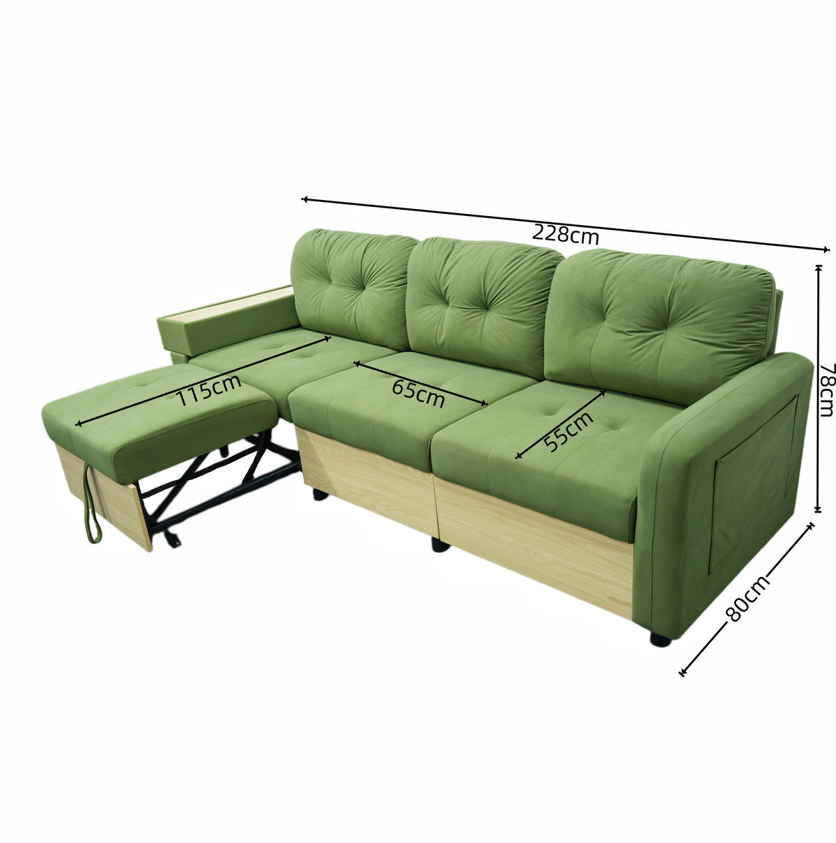 ECKSOFA 228/80/78 cm aus Samt mit ausziehbarer Ottomane und USB-Anschluss Grün - Grün, Textil (80/228cm) - Modenvie