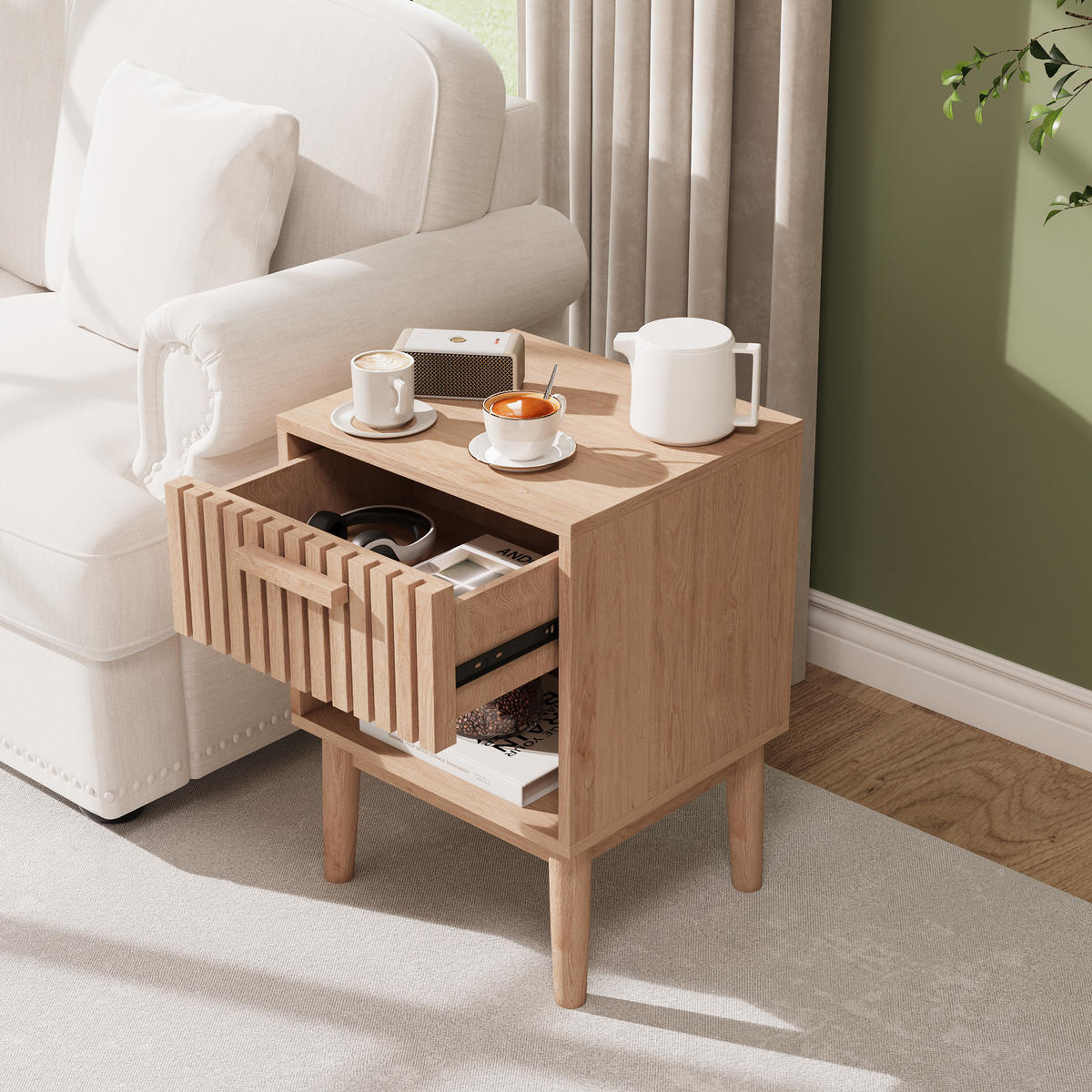 NACHTTISCH 2er-Set Eiche-Optik mit Schublade & offenem Fach, Modern - Eichefarben, Holz (35/55/40cm) - CASIVA