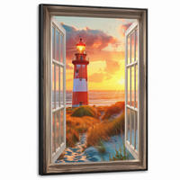 LEINWAND Bilder mit Rahmen - Aussicht - Fenster - Leuchtturm - Sonnenuntergang - Strand - 80x120 - Dunkelorange, Textil (80/120cm) - MuchoWow