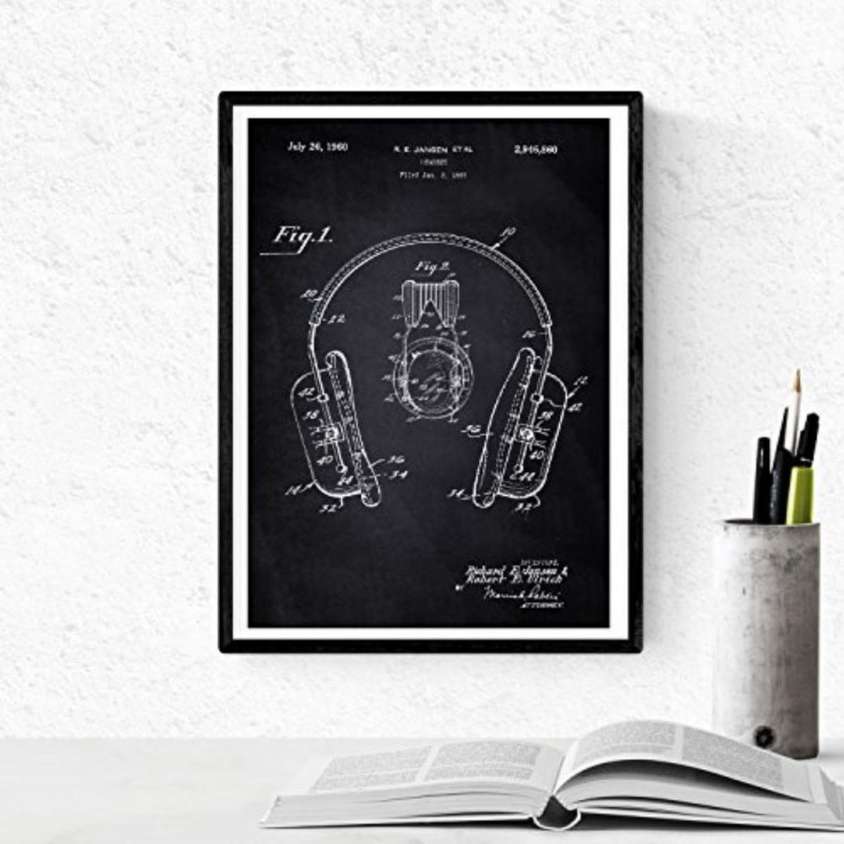 POSTER Set mit 4 Schwarz Drehscheibe Patenten A4 Schwarzer Rahmen - Schwarz, Papier (29.7/3cm) - Nacnic