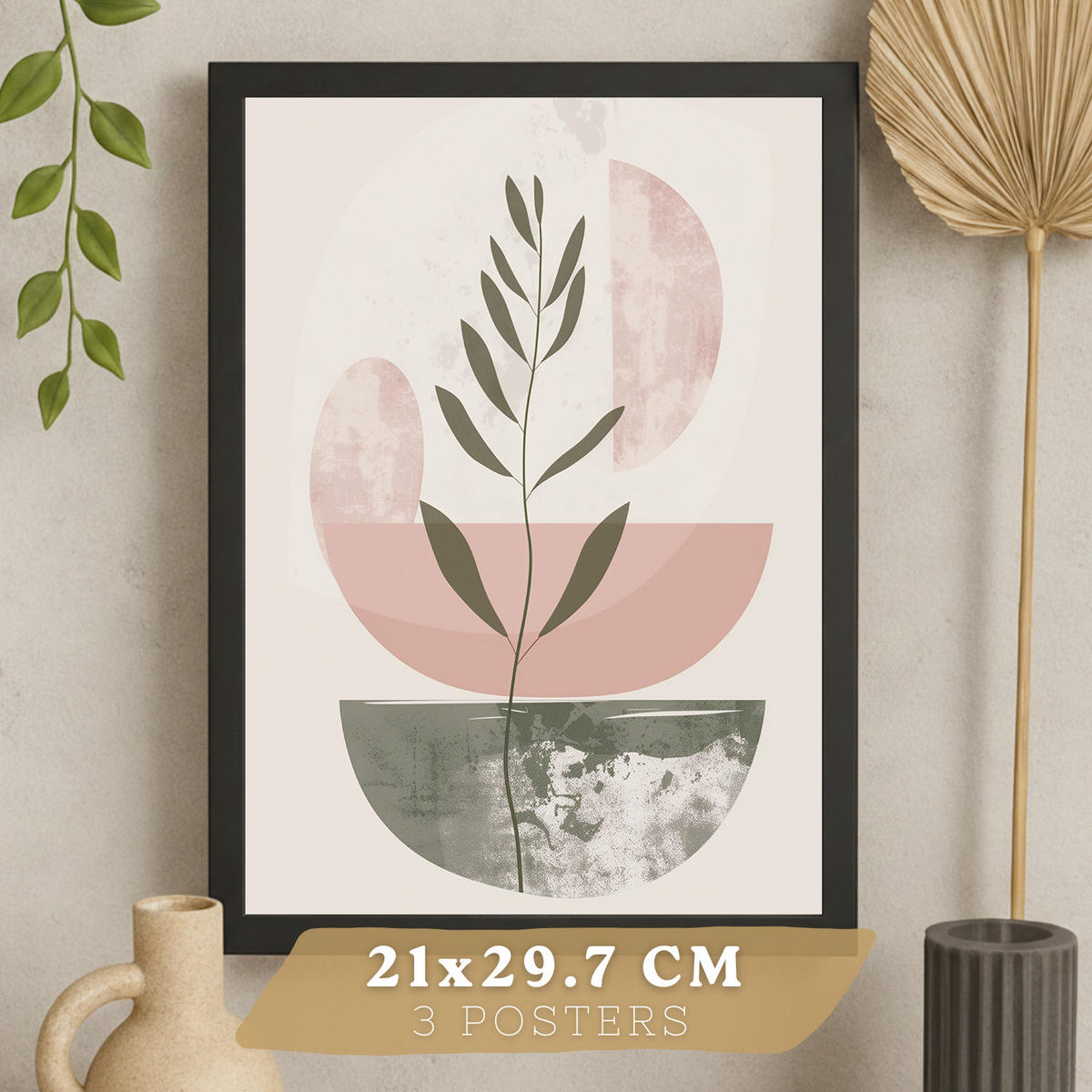 PLAKAT Sada 3 dekorativních nástěnných tisků, zelené a růžové tvary, pro moderní dekoraci obývacího pokoje květinové motivy, velikost Černý rám A4 - černá, papír (21/29.7/3cm) - Nacnic