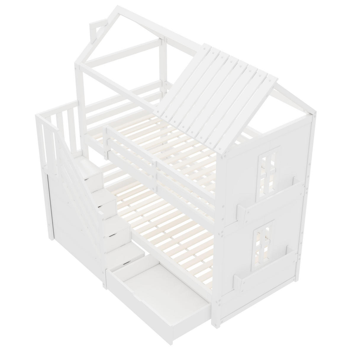 ETAGENBETT 90/200 cm weiß aus Massivholz und MDF mit Stauraumtreppe - Weiß, Holz (90/200cm) - OKWISH