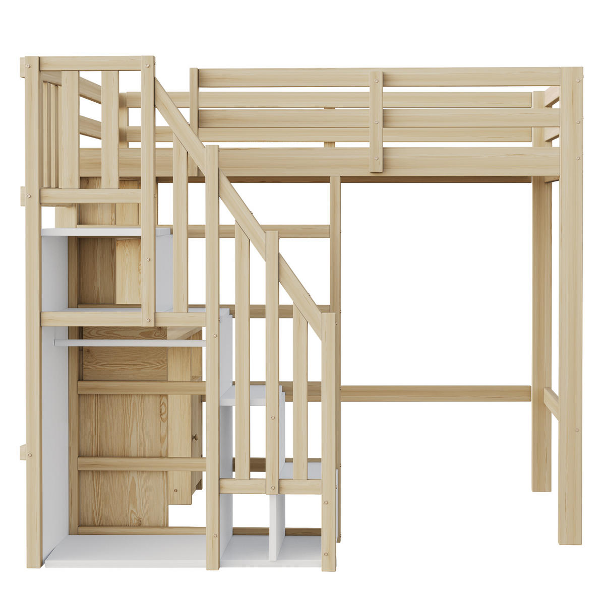 HOCHBETT aus Holz 90x200 cm Naturfarbe mit Schreibtisch, Regalen, Schränken und Treppe mit Stauraum - Naturfarben, Holzwerkstoff (140/200cm) - Modfu