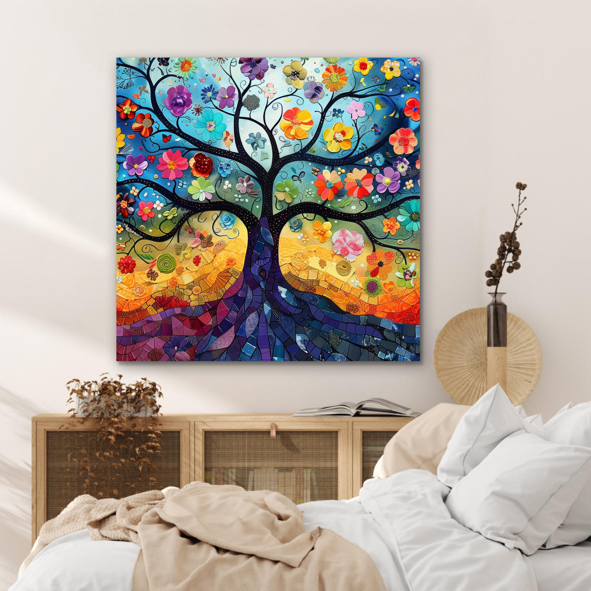 KOVOVÝ OBRAZ Umenie - Strom života - Kvety - Hippie 90x90 cm - tmavomodrá, kov (90/90cm) - MuchoWow