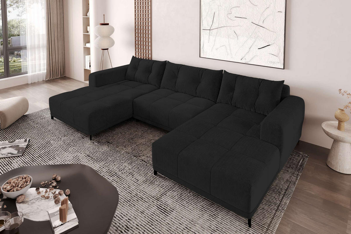 WOHNLANDSCHAFT Massimo Cordstoff Schwarz inkl. Schlaffunktion - Schwarz, Textil/Metall (356/94/181cm) - 99rooms
