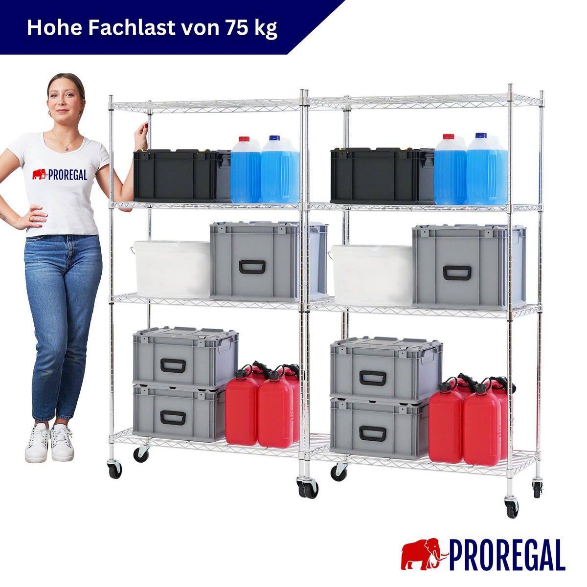 GITTERREGAL 2er - Set HADES mit Rollen & 4 Gitterböden Metall 160x90x40cm Silber - Silberfarben, Metall (90/160/40cm) - PROREGAL