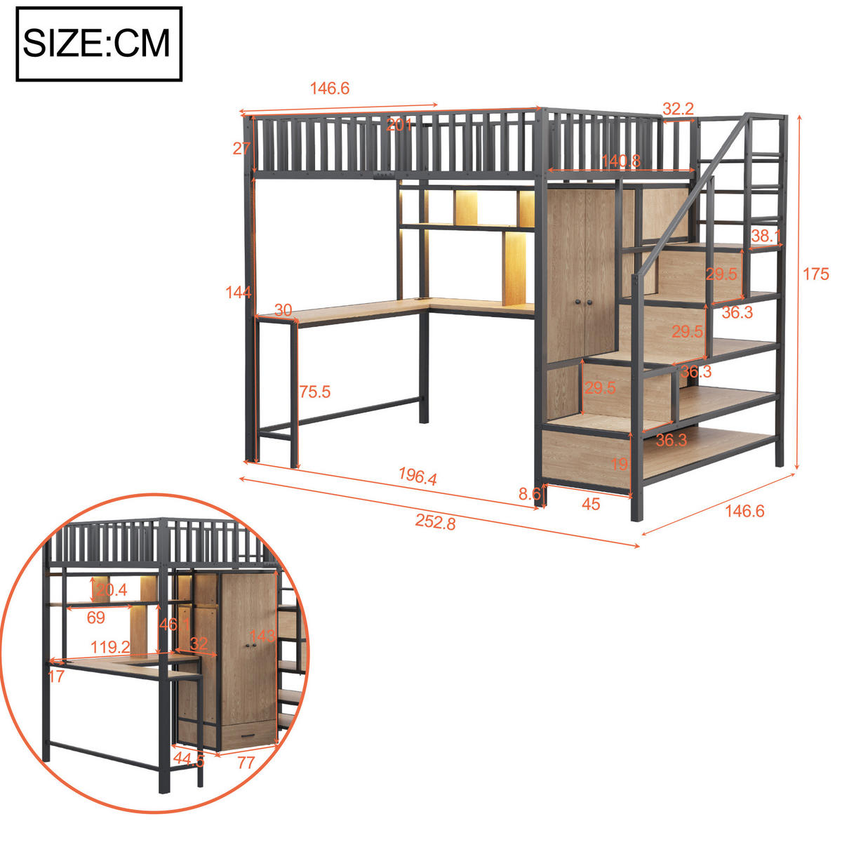 HOCHBETT 140/200 cm Schwarz aus Metall mit Schreibtisch und Stauraum - Schwarz, Metall (140/200cm) - OKMYHOME