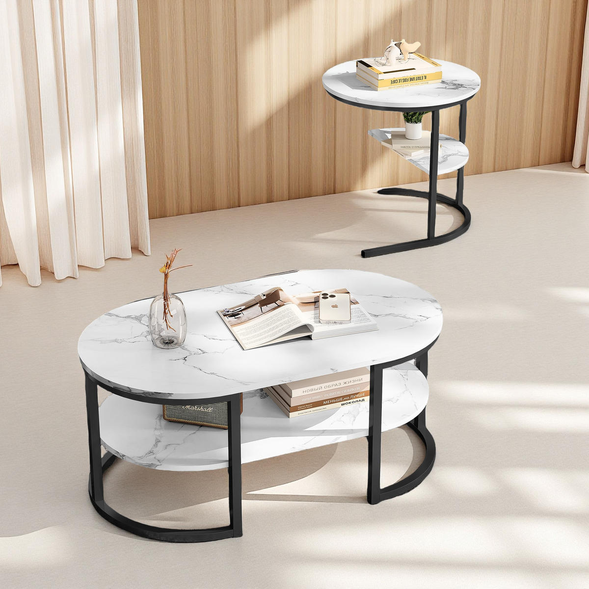 COUCHTISCH 2er Set, Marmor-Optik, Metallrahmen,Schwarz - Schwarz, Holz (112/58/10cm)