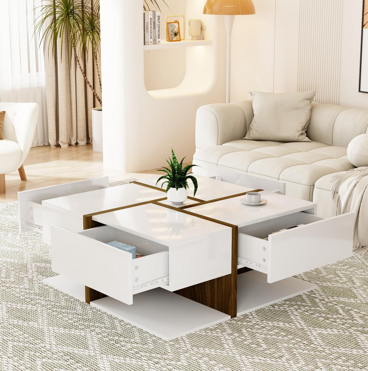 COUCHTISCH, Hochglanz weiß mit 4 Schubladen und Ablage, 78/78/34,8 cm, Weiß und Naturfarben - Naturfarben, Holzwerkstoff (78/78/34.8cm) - Redom