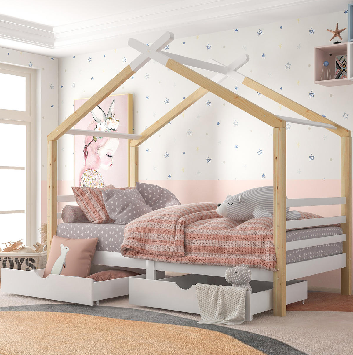 KINDERBETT 90/200 cm Weiß aus Kiefer-Massivholz und MDF mit Schubladen - Weiß, Holz (90/200cm) - OKMYHOME