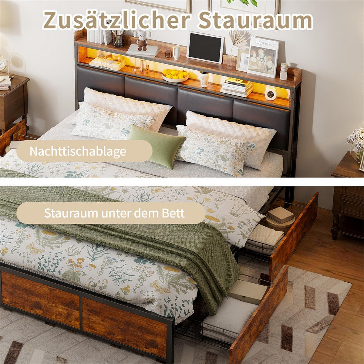 METALLBETT 180x200 cm - Kopfteil Regal & LED Beleuchtung - 4 Schubladen - ohne Matratze - Schwarz & Braun - Braun, Metall (180/200cm) - DELFA