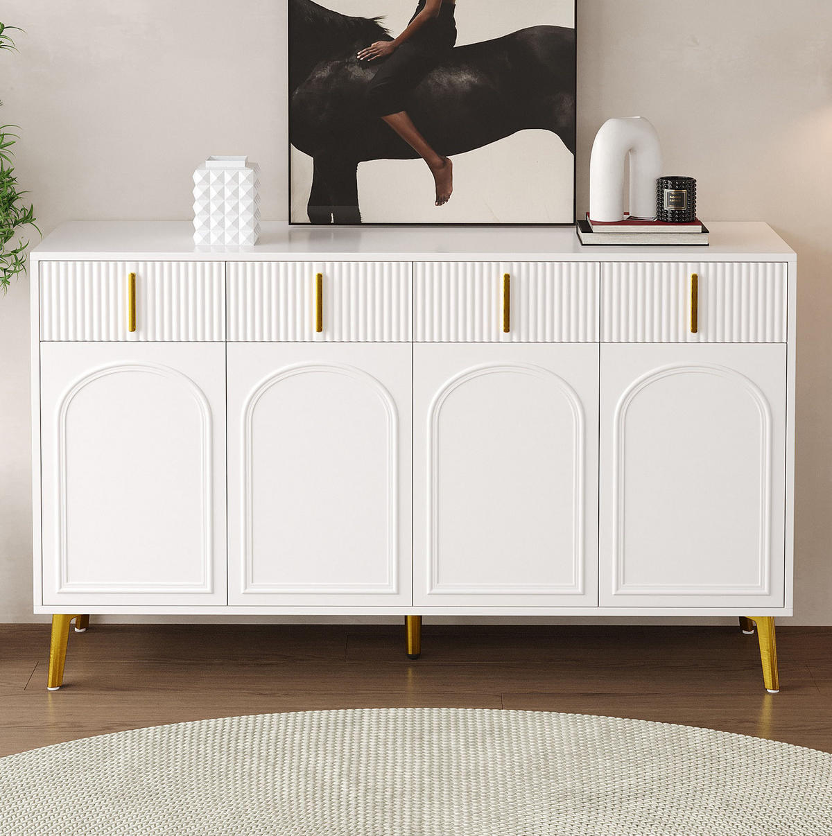 SIDEBOARD 140/38/82 cm in Weiß mit 4 Türen, 4 Schubladen und goldfarbenen Details - Weiß, Holzwerkstoff (140/82/38cm) - Flora Grace