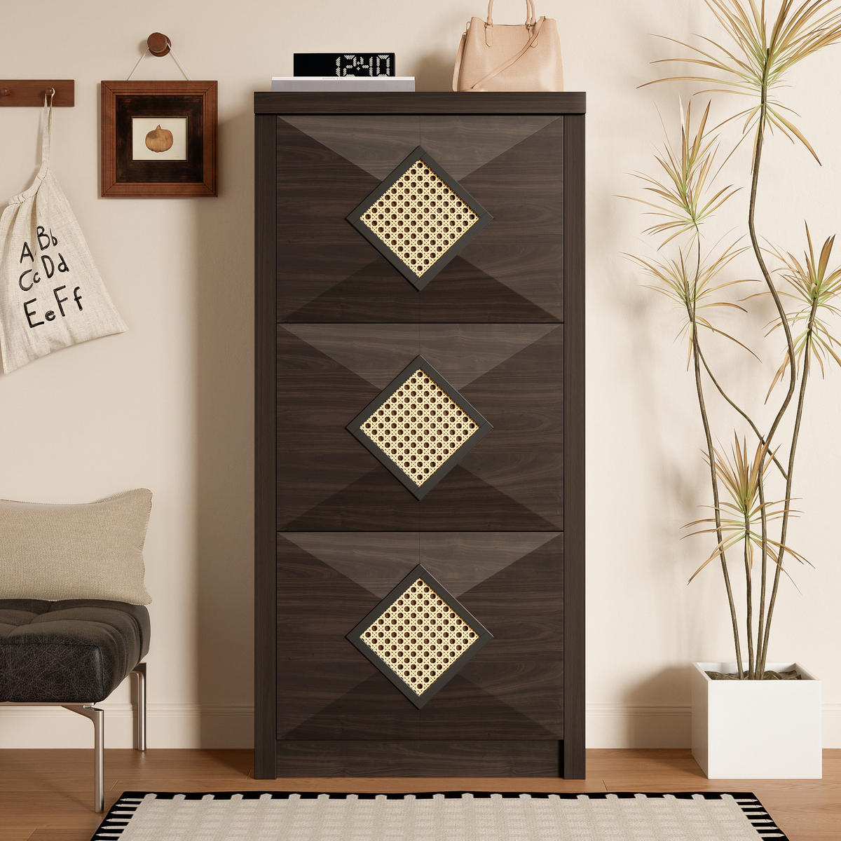 SCHUHSCHRANK 54x25x115 Rattan Dekor 3 Klappfächer Holzoptik - Naturfarben, Holzwerkstoff (25/115/54cm) - FLIEKS