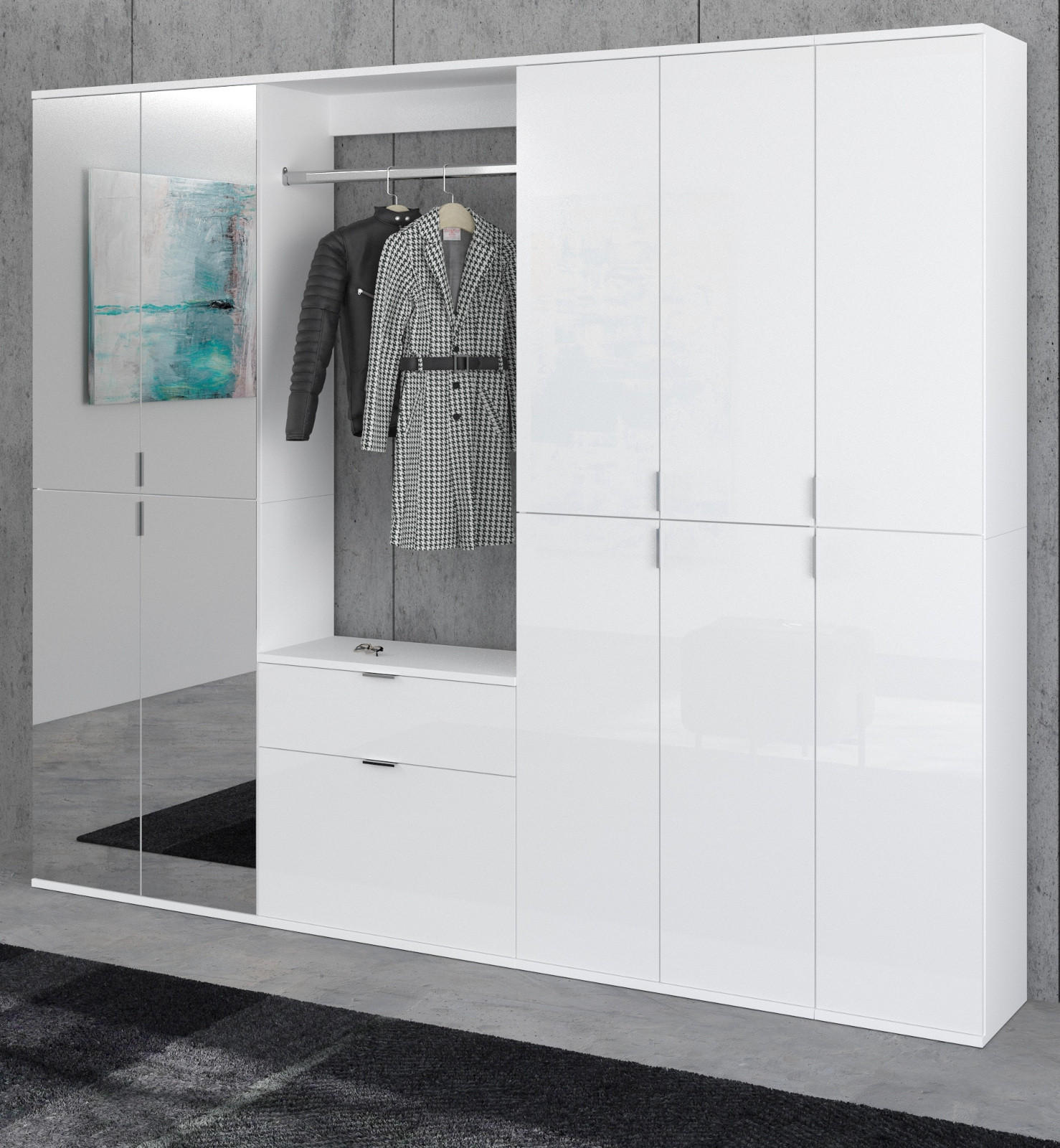 GARDEROBENSCHRANK weiß Hochglanz 213 cm mit Spiegel, Flurgarderobe - Chromfarben/Weiß Hochglanz, Glas/Holzwerkstoff (213/193/34cm) - Inn.Furn