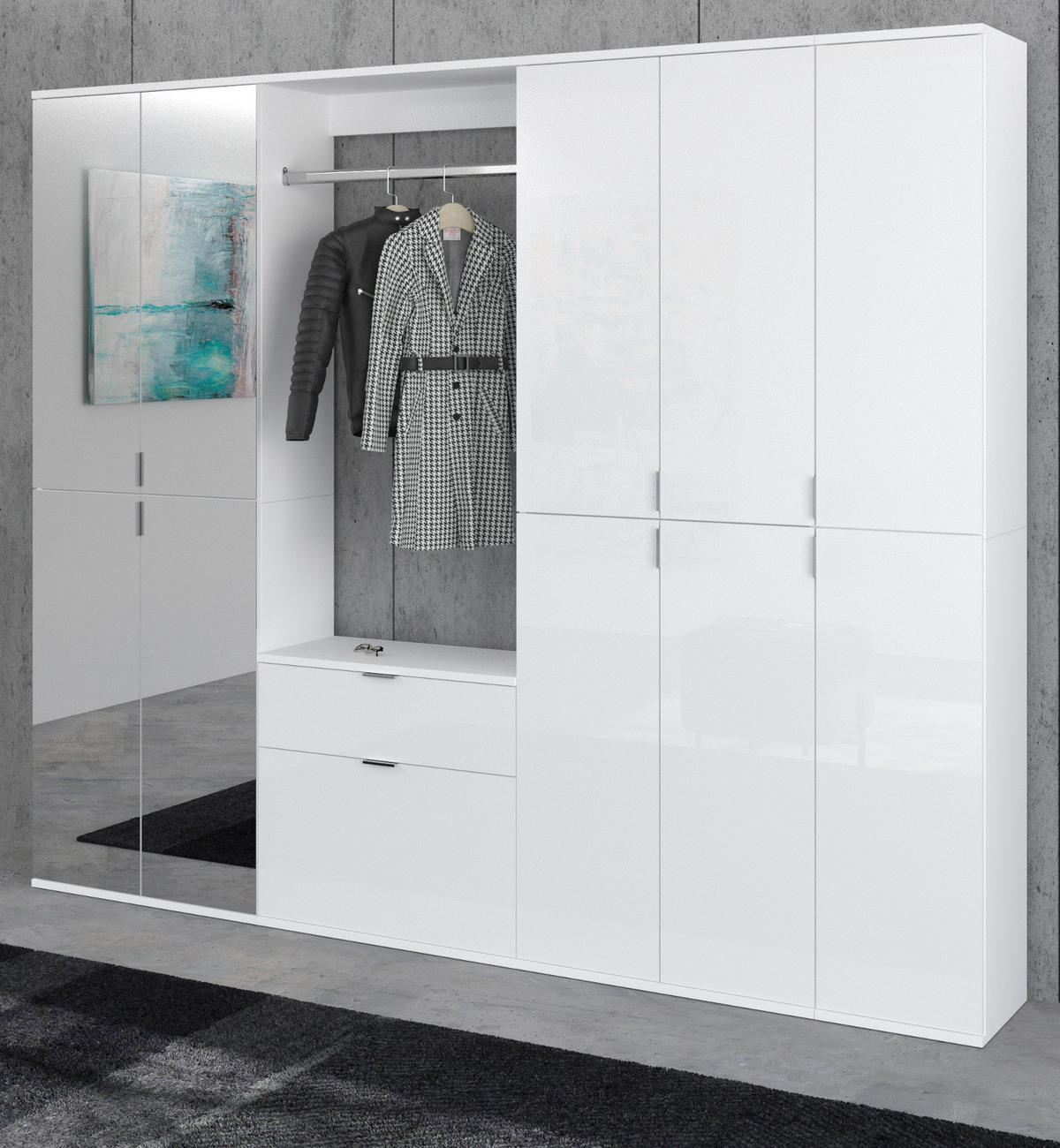 GARDEROBENSCHRANK weiß Hochglanz 213 cm mit Spiegel, Flurgarderobe - Chromfarben/Weiß Hochglanz, Glas/Holzwerkstoff (213/193/34cm) - Inn.Furn