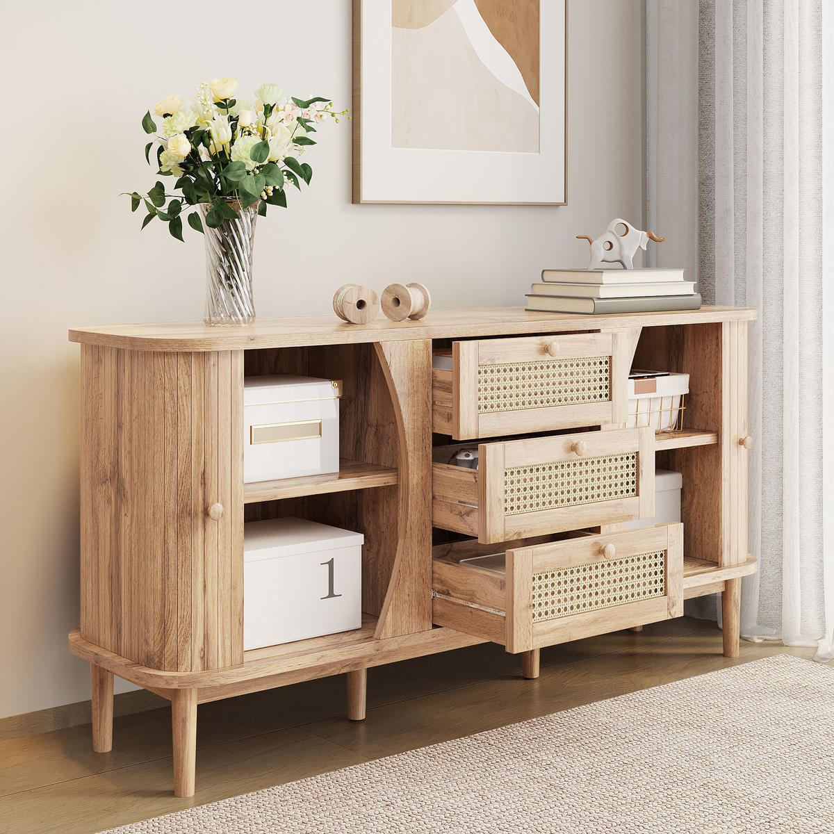 SIDEBOARD Rattan Kommode mit Schiebetüren, 140.5/40/76cm - Kirschbaumfarben, Holzwerkstoff (140.5/76/40cm) - Urban Meuble