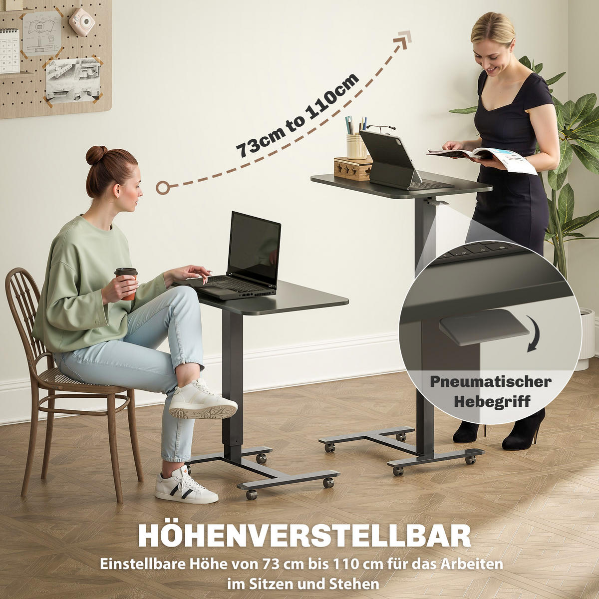 STEHPULT Höhenverstellbar C-förmig Schreibtisch mit 4 Rollen 65x48x70-110cm - Schwarz, Holzwerkstoff/Metall (65/48/110cm) - HOMCOM
