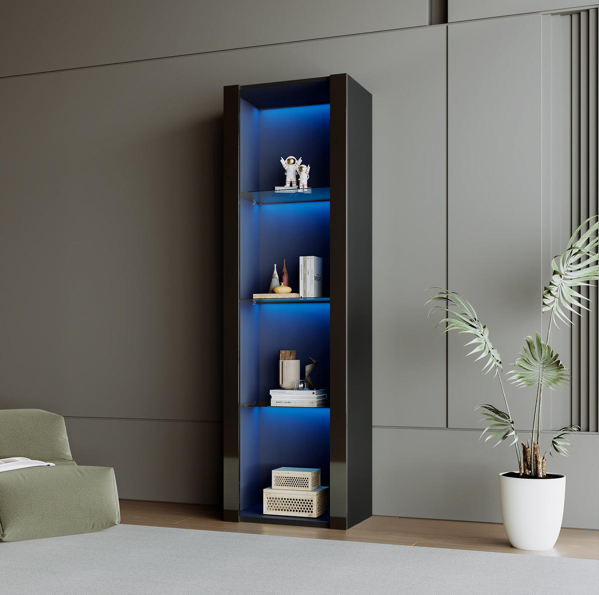 VITRINE 55/38/166 cm mit LED-Beleuchtung und 3 Glasböden, Schwarz - Schwarz, Holzwerkstoff (55/166/38cm) - Redom