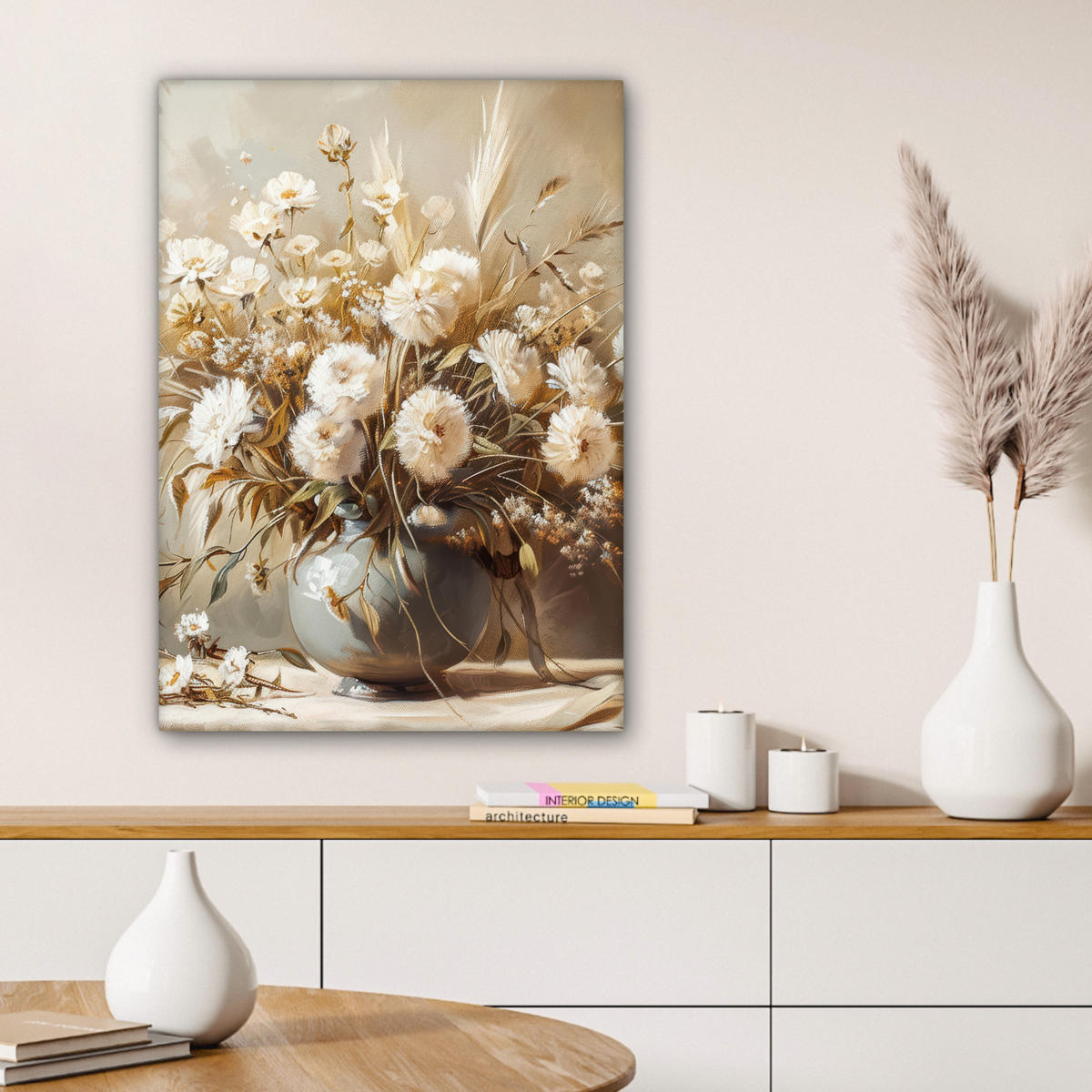 LEINWANDBILD Blumen - Vase - Stilleben - Beige Wandbild Wohnzimmer 60x80 cm - Creme, Textil (60/80cm) - MuchoWow