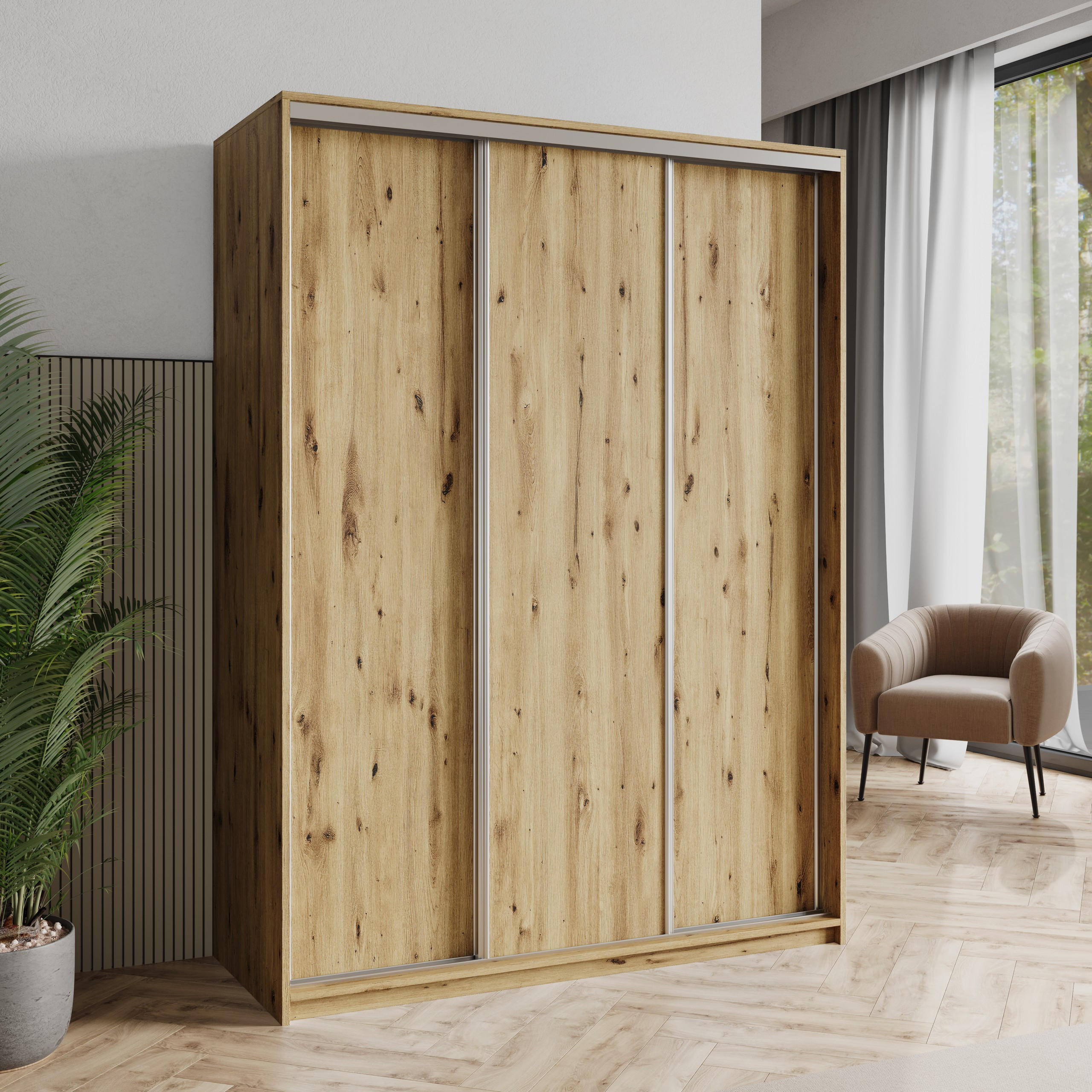 SCHWEBETÜRENSCHRANK NISSE 150/205/60 cm 3-türig Eiche Artisan - Eiche Artisan, Holzwerkstoff (150/205/60cm) - MASSENO