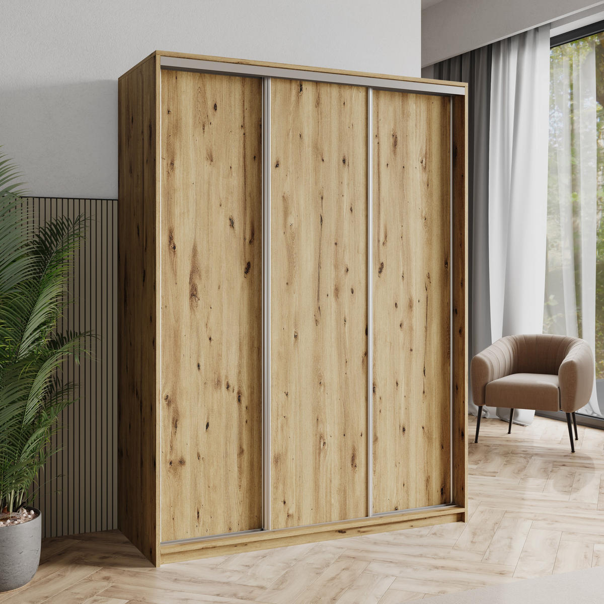 SCHWEBETÜRENSCHRANK NISSE 150/205/60 cm 3-türig Eiche Artisan - Eiche Artisan, Holzwerkstoff (150/205/60cm) - MASSENO