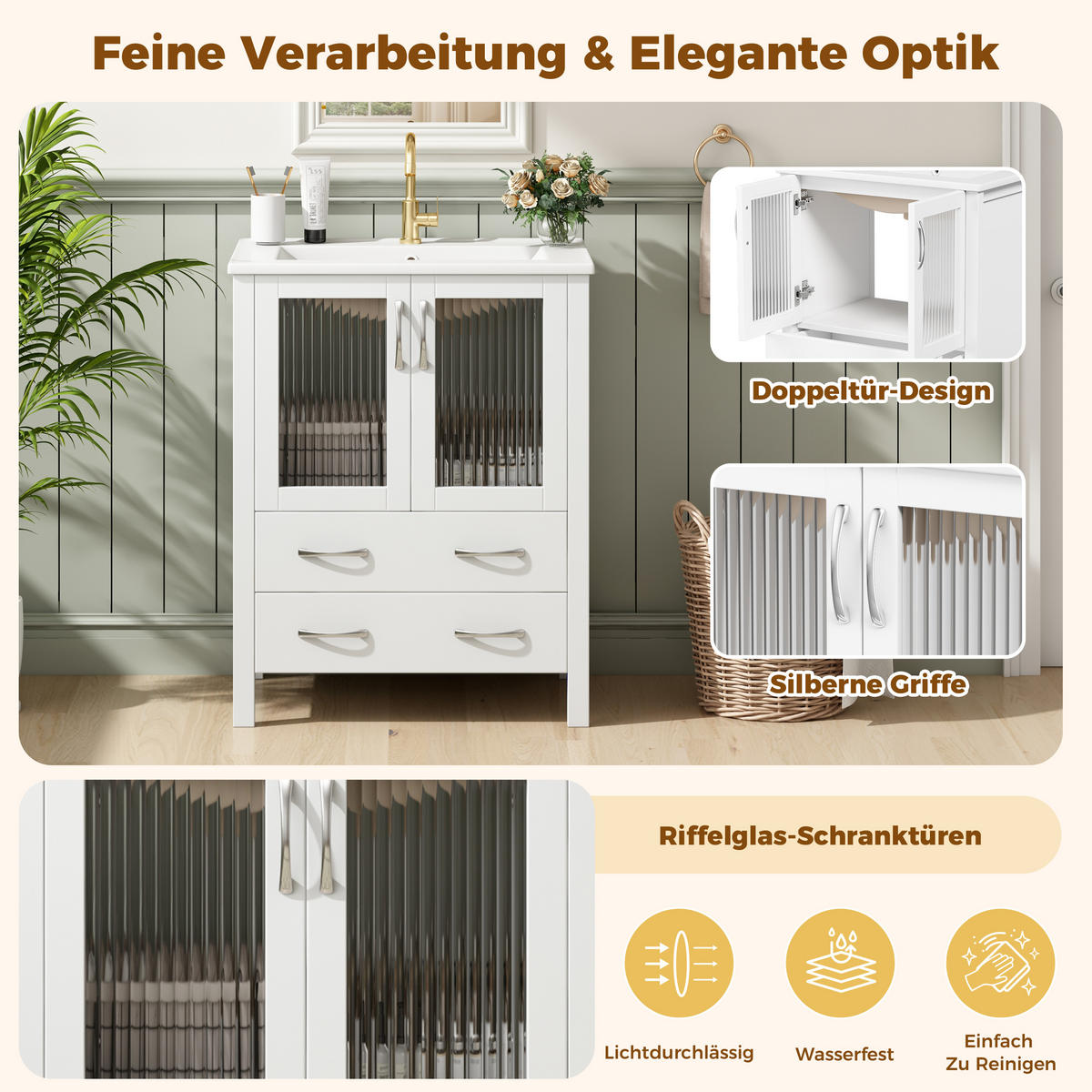 BADEZIMMERSCHRANK Hochglanz Weiß Keramik Waschbecken Glas Türen 61cm - Weiß, Keramik (61/86/47cm) - FLIEKS