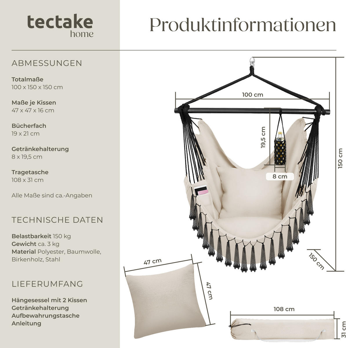 HÄNGESESSEL Malika,inkl. Tragetasche, ca. 100 x 150 x 150 cm,beige - Beige, Kunststoff/Metall (100/150/150cm) - tectake